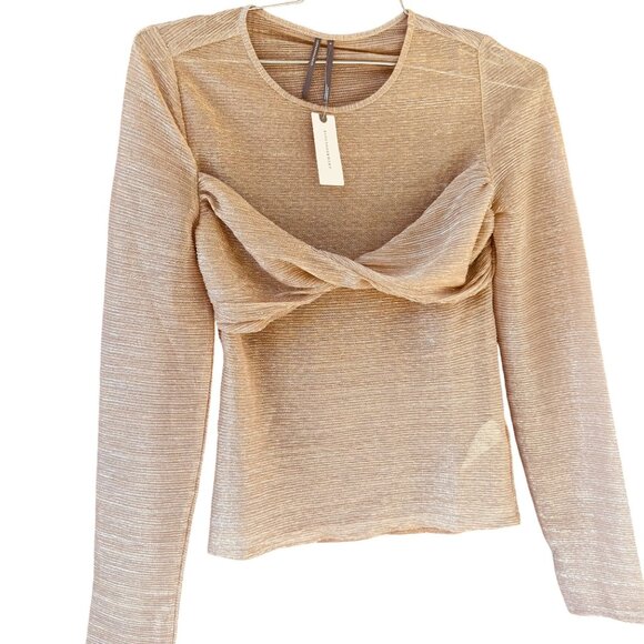 By Anthropologie Twist Front Shine Top Gold Metallic Long Sleeve Sheer Sz Small - Picture 1 of 8